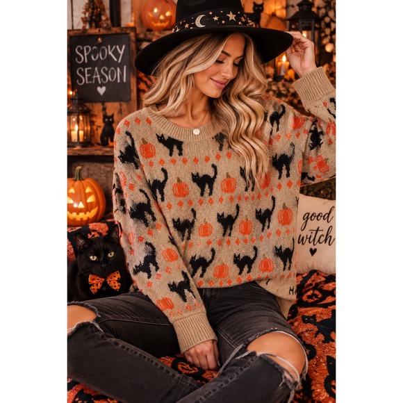 Vince Camuto Sweaters - Vince Camuto Womens XXL Halloween Black Cat Pumpkin Intarsia Knit Sweater Tan